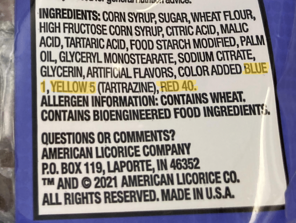 Ingredients list highlighting Blue 1, Yellow 5 (Tartrazine), and Red 40